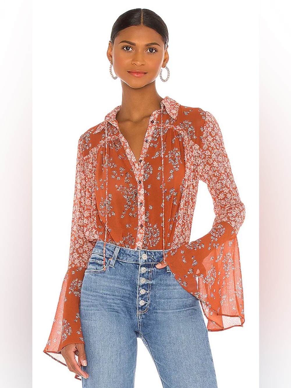 Free People Serena Printed Blouse in Rust Combo Size Small from Revolve